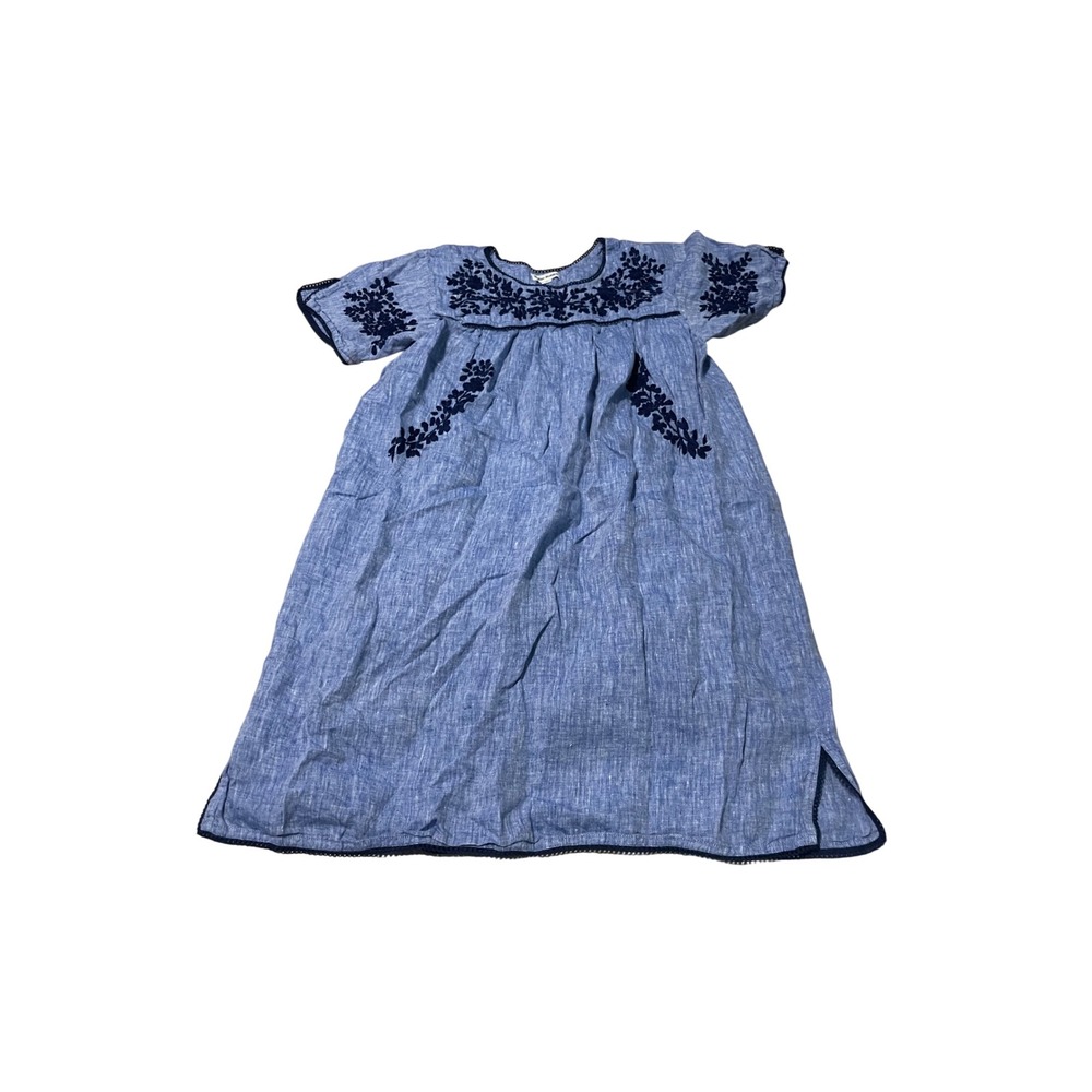 Roller Rabbit Blue Linen Embroidered Floral Shift Dress XS Short Sleeve Boho